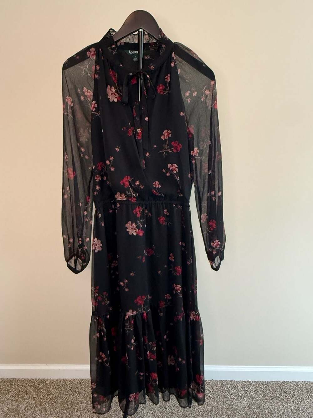 Lauren Ralph Lauren‎ Black Floral Print Crinkle Georgette Midi Dress